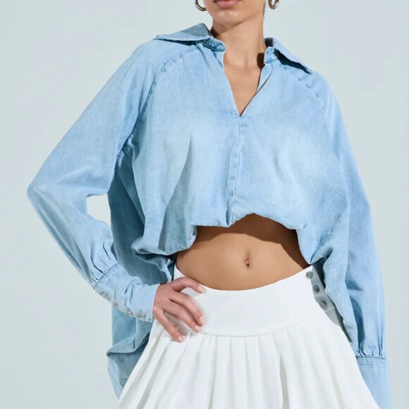 Akira Amelia Denim Hi Low Blouse - Picture 3 of 5